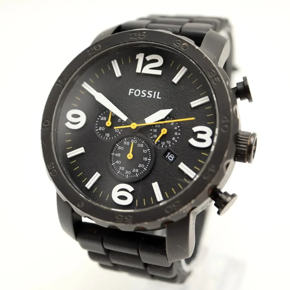 Fossil Nate Men's Black 50mm Chronograph Watch Silicone JR1425 with New Battery